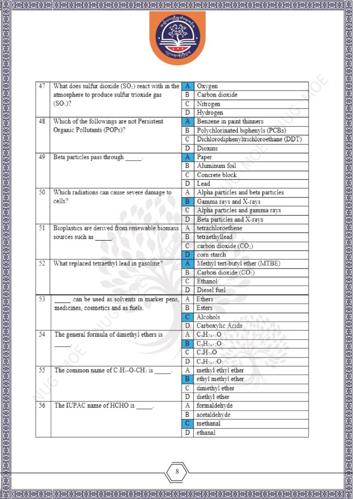 ပညာရေးဝန်ကြီးဌာန https://moe.sjmyanmar.com/msg-to-people/beca-sample-question-chemistry-2026/